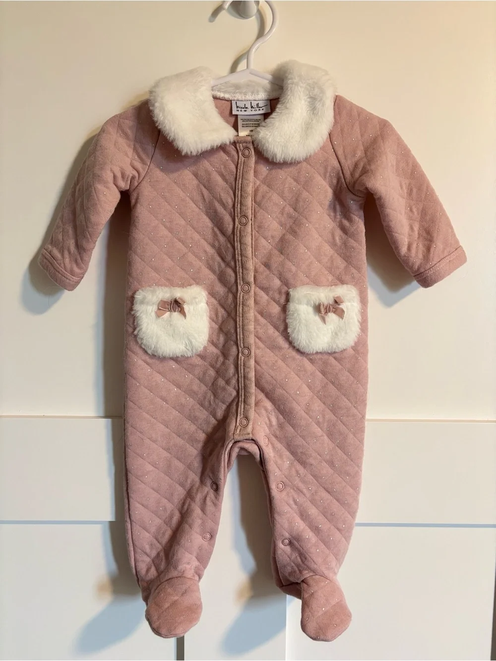 Knit Quilted Faux-Fur Trim Pink Baby One-Piece